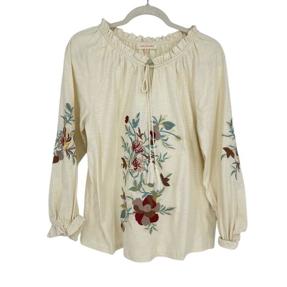 Solitaire Womens Embroidered Long Sleeve Top M Cottin Floral Cottage Boho Cream - Picture 1 of 12
